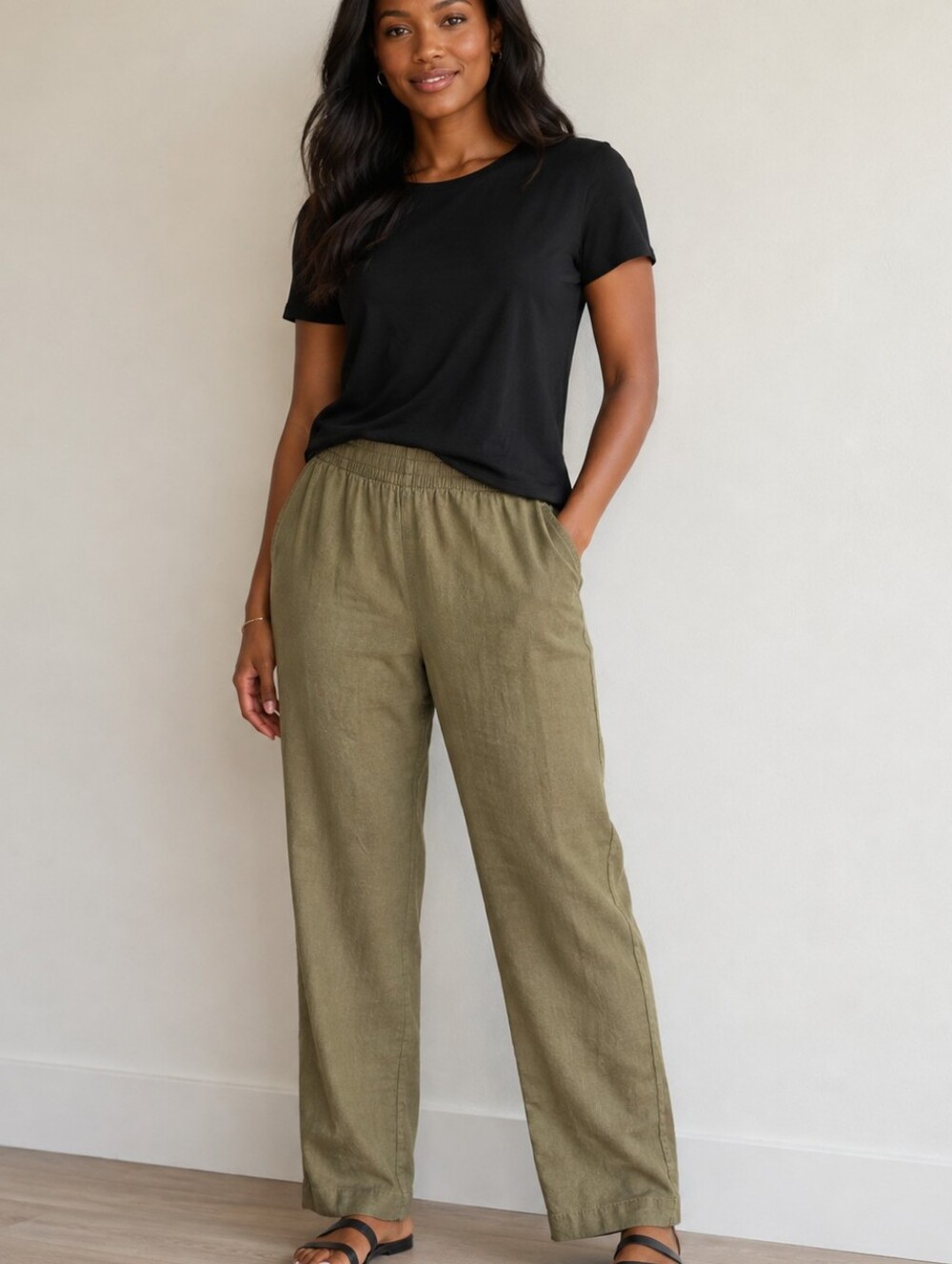 Old Navy Linen Blend Pull On Olive Green High Rise Straight Leg Sz L Coastal